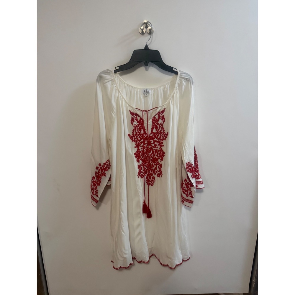 Chic Connection White Red Embroidered Boho Peasant Mini Dress Tunic Small